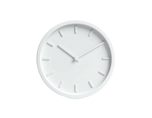 A simple, circular, white clock against a black background, showing a time