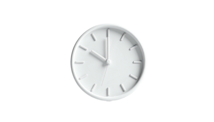 A white clock face with shadowed hands, showing approximately 10 o'clock on a black background