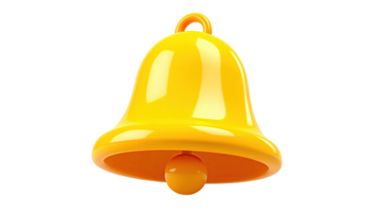Rendered 3D yellow bell with a loop on top and a clapper, on black background