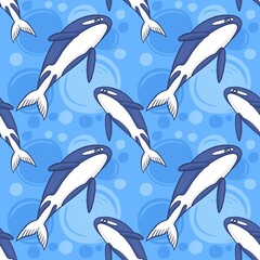 Cute killer whale seamless pattern. Hand-drawn orca repeat background. A whimsical pattern of killer whales swimming in a bubbly blue sea.