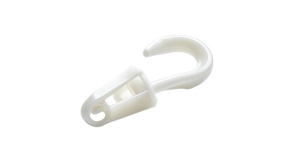 A white plastic curtain hook against a stark black background, offering a close-up perspective