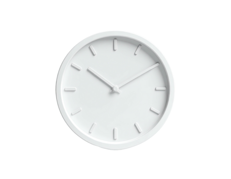 A simple, circular, white clock against a black background, showing a time