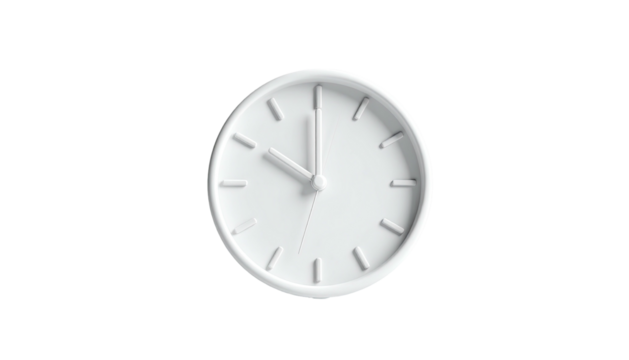 A white clock face with shadowed hands, showing approximately 10 o'clock on a black background