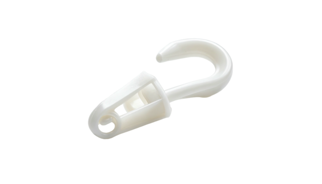 A white plastic curtain hook against a stark black background, offering a close-up perspective