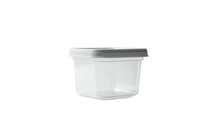 Clear, rectangular plastic container with gray lid, isolated on black background