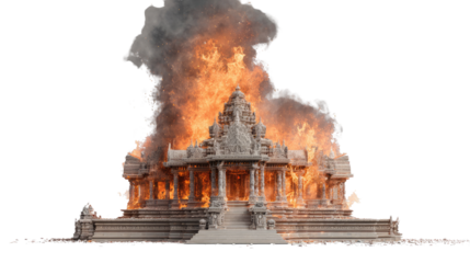 Ancient fantasy stone building engulfed in dramatic fire and heavy smoke, burning architectural structure with destruction, collapse and ruins isolated on white background