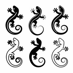 Collection of six gecko lizard silhouettes, vector illustration