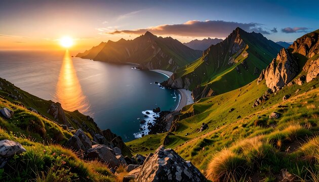 Panoramic sunset view of a bay nestled between mountain peaks - Powered by Adobe