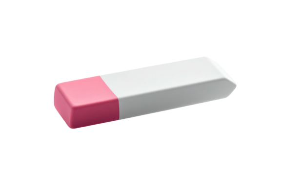 A 3D rendering of a white and pink rectangular eraser on a black background