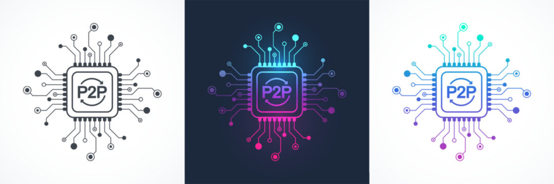 P2P exchange concept icon, sign, logo in the circuit line style. P2P lending processor vector icon flat design. Peer-To-Peer transfering cryptocurrency money on phone app, banking card