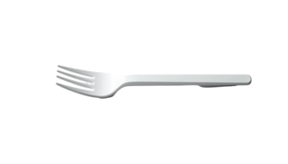 A white, plastic fork, displayed horizontally against a stark black background