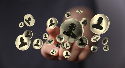 A hand interacts with a network of connected people icons, symbolizing global connections and teamwork on a digital interface.