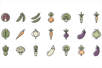 Vector art of a diverse collection of vegetable icons with a touch of color, representing various types of fresh produce and healthy eating