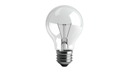 A classic light bulb, transparent glass, filament visible, against a black background