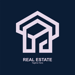 Illustration of modern abstract geometric logo design representing a house with the text reales tate below it