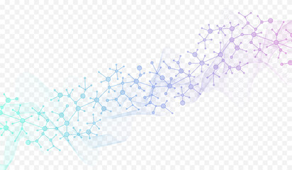 Colorful molecules background with DNA helix, DNA strand, DNA Test. Molecule or atom, neurons. Abstract structure for science, healthcare or medical background, banner. Scientific vector illustration