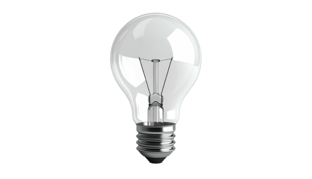 A classic light bulb, transparent glass, filament visible, against a black background