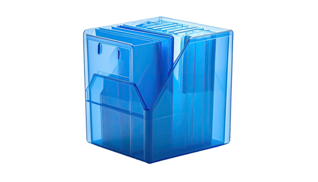 A transparent blue cubical storage box holding organized, vertical file folders