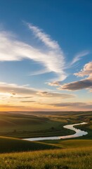 Fototapeta premium Idyllic landscape of rolling green hills and winding river at golden hour