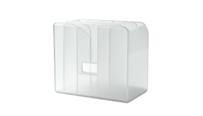 A translucent, white, architectural form with curved edges against a black void