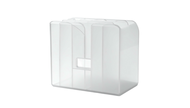 A translucent, white, architectural form with curved edges against a black void