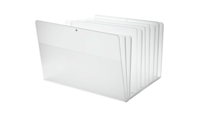 Clear, expanding accordion file, angled slightly, showing multiple vertical sections