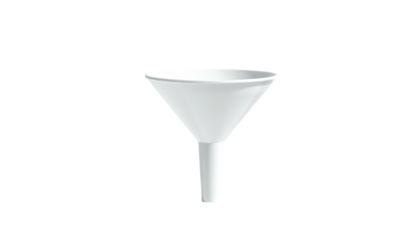 A white conical funnel with a cylindrical spout, against a black background