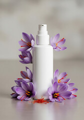 Saffron Infused Skincare Cosmetic Product with Purple Crocus Flowers and Red Saffron Threads.