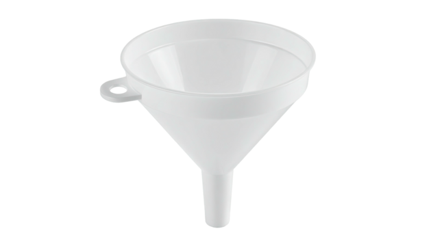A white plastic funnel with a wide mouth, handle, and elongated spout