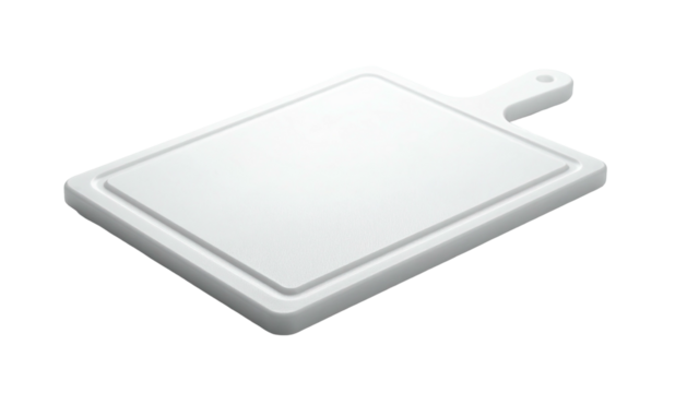 A bright white rectangular cutting board with a handle and a slightly raised edge