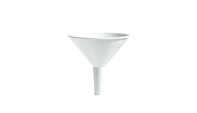 A white conical funnel with a cylindrical spout, against a black background