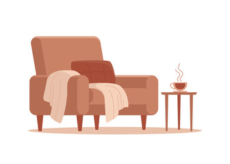 Beige mocha mouse armchair with pillow, blanket draped over its arm. Comfortable cozy furniture for living room interior or relaxation design element. Vector flat illustration