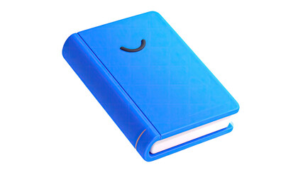 3D rendered, closed blue book with a smiling face detail on a black background