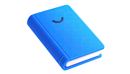 3D rendered, closed blue book with a smiling face detail on a black background