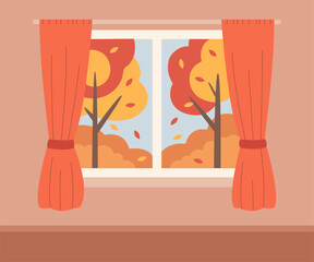 Cozy living room with autumn view from window. Seasonal home interior. Warm fall. Vector flat illustration