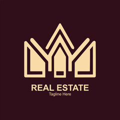 Illustration of stylized golden crown logo with reales tate text and tagline on a dark red background