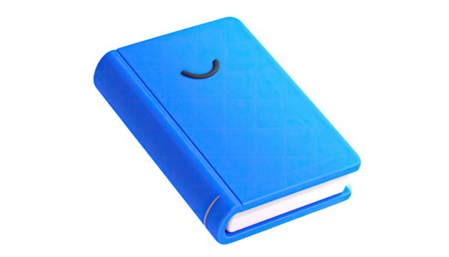 3D rendered, closed blue book with a smiling face detail on a black background