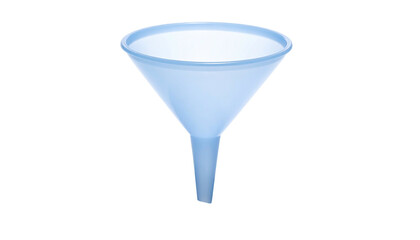 A translucent, blue-tinted funnel with a wide mouth and narrow spout, isolated