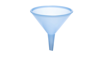 A translucent, blue-tinted funnel with a wide mouth and narrow spout, isolated