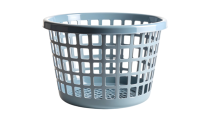 A light blue, plastic, open-weave laundry basket against a black background