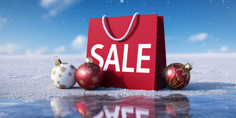Red shopping bag with "SALE" text on frozen lake, surrounded by Christmas ornaments. Snowfall, reflections, and empty space make it ideal for holiday sale advertising templates. Generative Ai.