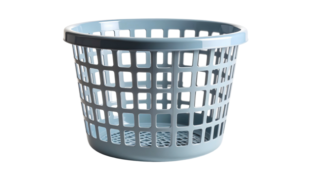 A light blue, plastic, open-weave laundry basket against a black background - Powered by Adobe
