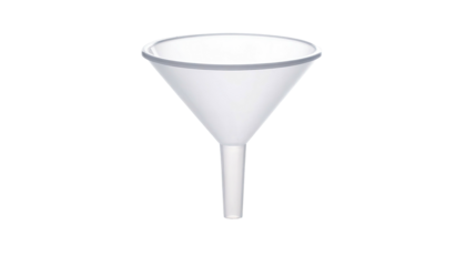 A white, conical laboratory tool with a narrow spout, isolated on a black backdrop