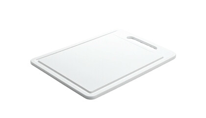 A white rectangular food preparation surface with a handle cutout, angled on a black backdrop