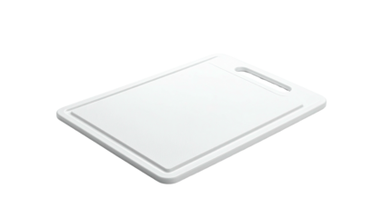 A white rectangular food preparation surface with a handle cutout, angled on a black backdrop