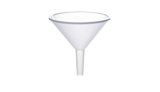 A white, conical laboratory tool with a narrow spout, isolated on a black backdrop