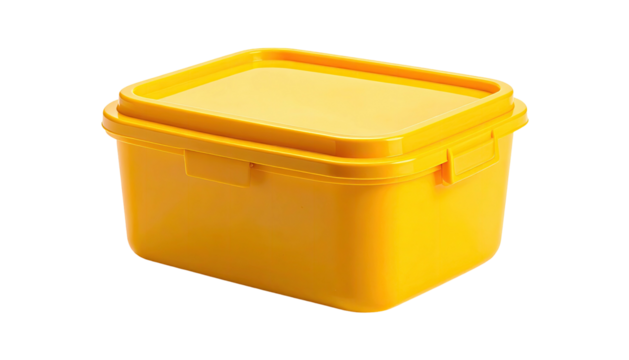 Bright yellow, rectangular, lidded container, isolated on a black background