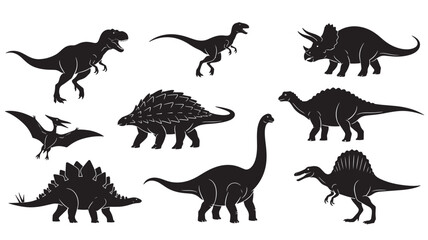 Set of dinosaur silhouettes prehistoric animals in black vector illustration isolated on white background