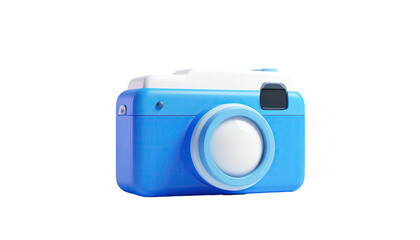 A stylized blue and white camera isolated against a black background, 3D rendering