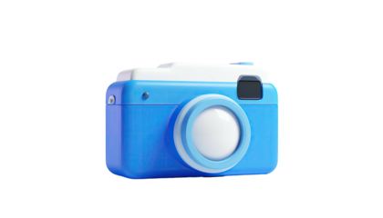 A stylized blue and white camera isolated against a black background, 3D rendering